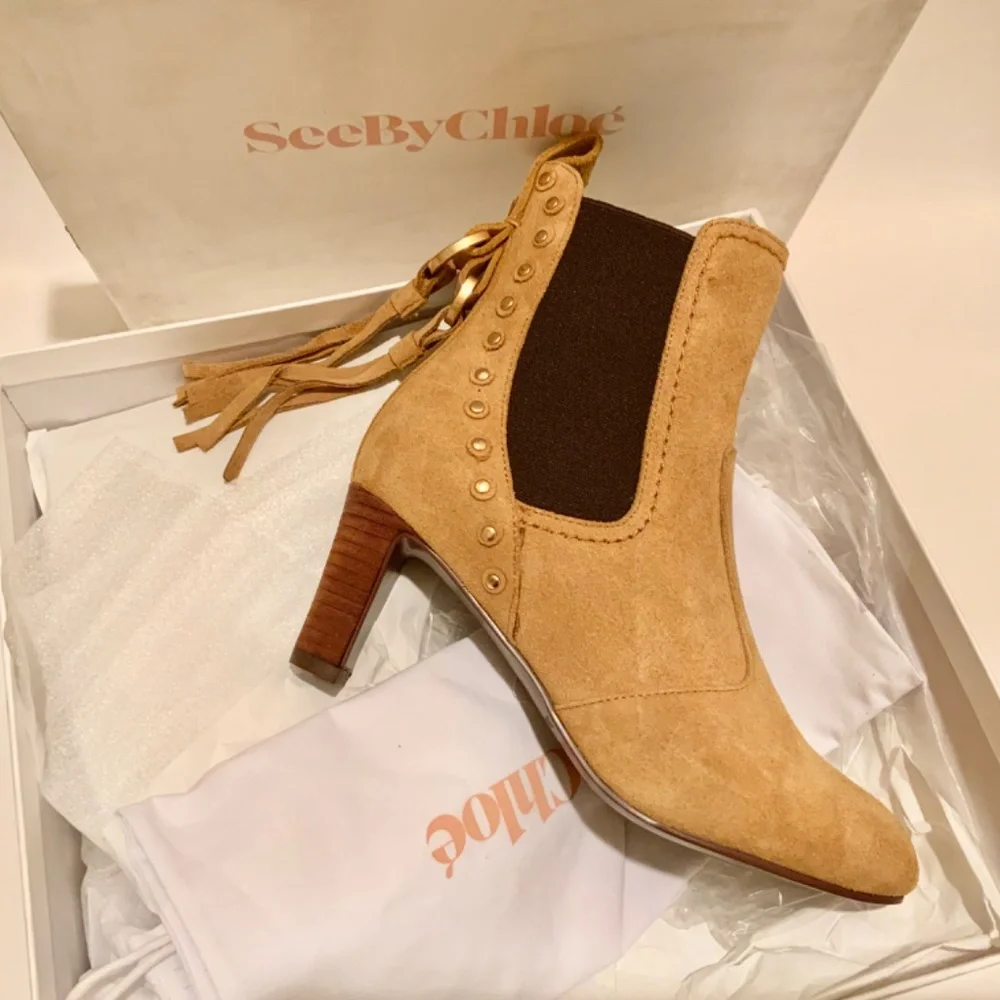 See by Chloé Beige Tan Suede Tasseled Studded Chelsea Ankle Boots Boho Booties